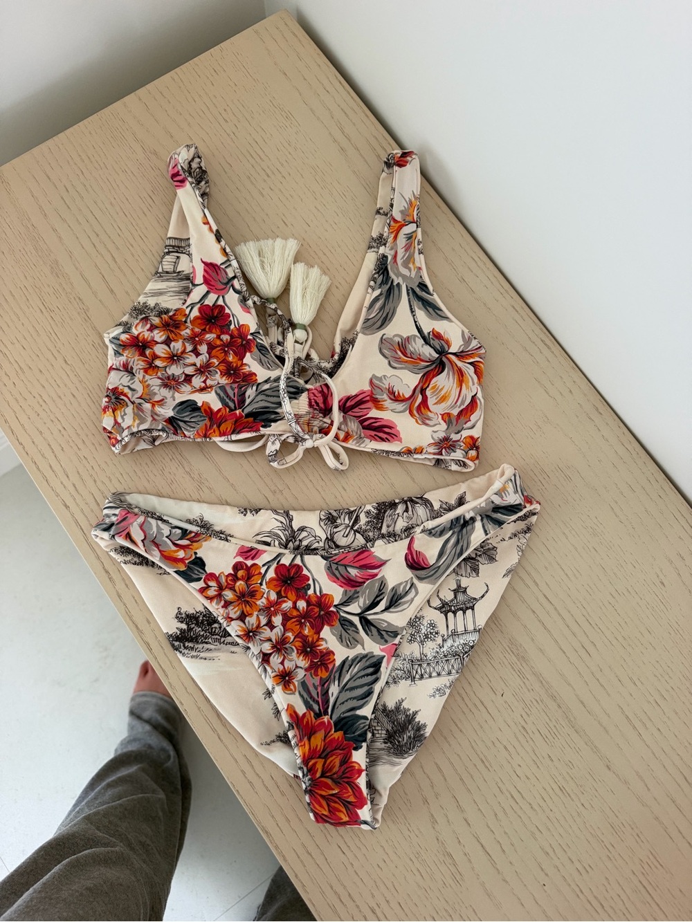 MAAJI Floral Print Tie-Front Bikini Set in Cream and Coral